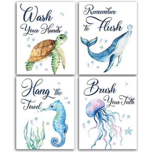 CHIEN-CHI LILI Sea Marine Life Bathroom Watercolor Art Print Set of 4 (8”X10”), Sea Turtle Seahorse Fish Whale Jellyfish Wall Poster Blue Ocean Theme Baby Nursery Kids Bathroom Wall Decor, No Frame