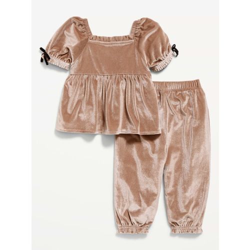 Short Puff-Sleeve Velour Top and Pants Set for Baby
