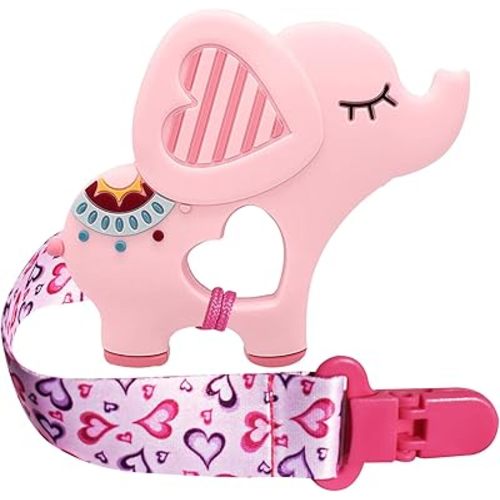 BIGSPINACH 1 Soft Dinosaur Teether for Babies and 1 Baby Pacifier Clip, Valentines Day Gifts for Baby Girl Boy,Silicone Chew Toys (Pink Elephant)