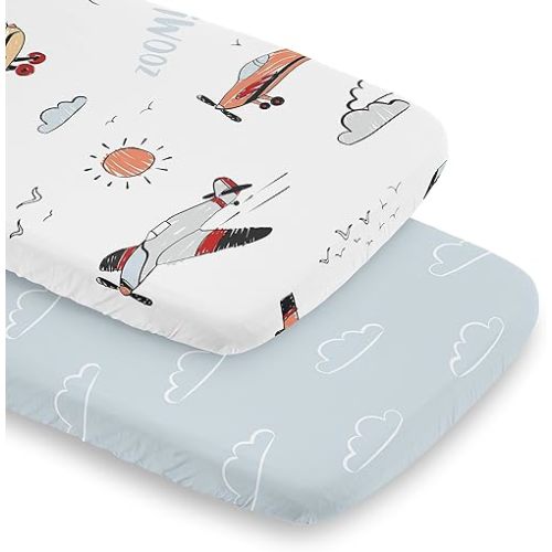 Sweet Jojo Designs Vintage Airplane Boy Baby Bassinet Sheets Fitted Sheet Set Infant Newborn Nursery Oval Rectangle Hourglass Mattress 2p Blue Clouds Sky Grey Yellow Orange Red White Transportation