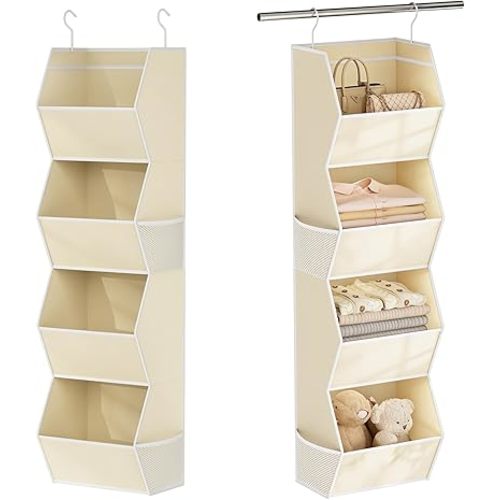 Hanging Closet Organizer 4 Shelf Collapsible Fabric Closet Organizers and Storage Hanging with Mesh Pocket for Clothes, Hanging Wardrobe Organizers and Storage for Sweater T-Shirt Shoes Toys, Beige