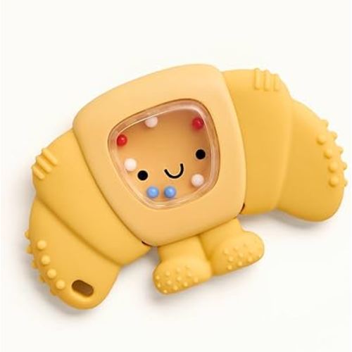Itzy Ritzy Silicone Rattle Teether– BPA-Free Silicone Teether with Rattle for Babies & Toddlers – Features a Gentle Rattle Sound, Colorful Beads & Multiple Textures (Croissant)