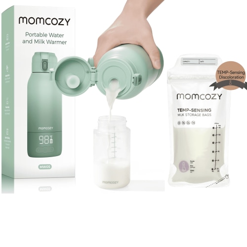 Momcozy Portable Milk Warmer for Travel – Dual Heating Modes for Breast Milk and Momcozy Breastmilk Storage Bags, Temp-Sensing Discoloration Milk Storage Bags, 180ml/120 Count