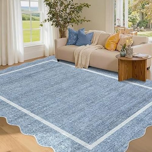 GarveeHome Scalloped Washable Rugs 5x7 Rug for Living Room Modern Non Slip Large Area Rug for Bedroom Decor Farmhouse Low Pile Stain Resistant Carpet for Office Dining Room Classroom 5 ft x7 ft Blue