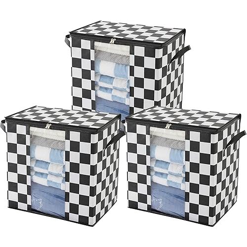Black and White Checkered Clothes Storage Bins, 100L Large Blanket Storage Bags 3 Pack, Closet Organizers and Storage Containers for Comforters, Bedding, Foldable Organizer with Handle