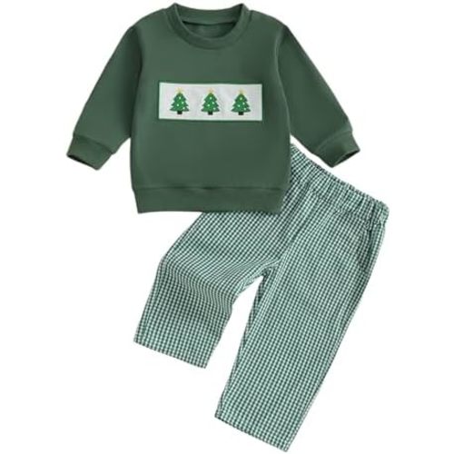Toddler Baby Boys Christmas Outfits Long Sleeve Embroidery Sweatshirt Gingham Plaid Pants Two Piece Smocked Clothes