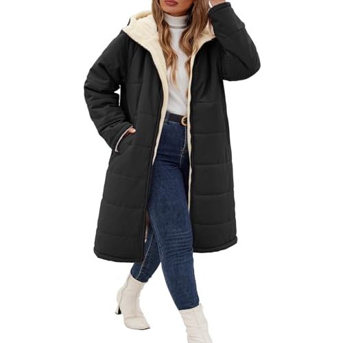 Women's Winter Coats Plus Size Fleece Jackets | Hooded Long Down Coat,Full Zip Up,Reversible,Mid-Length,Soft Fleece Lined,Side Pockets,Hooded