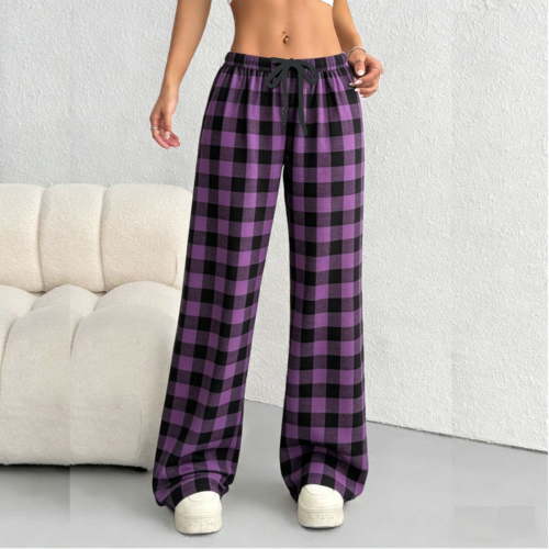 Women's Plaid Pajama Pants Plus Size Drawstring Elastic Waist Thin Weight Pjs Pants Summer Casual Checked Oversized Comfy Sleepwear Long Pants Lightweight Loungerwear Pajamas Pant