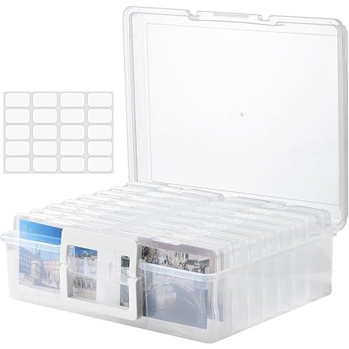 ALINK Photo Storage Box with Handle, 4" x 6" Photo Case Craft Keeper Organizer Container with 16 Inner Case and Label for Pictures, Arts, Crafts, Sewing, Stickers, Office Supplies - Clear