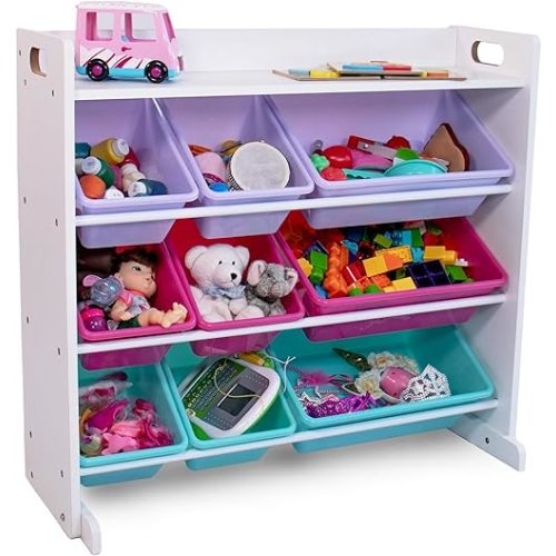 Humble Crew Crafts and Toy Storage Organizer with Top Shelf and 9 Removable Bins, White/Pink/Purple/Aqua Toddler Bookshelf with Organizer - Modern Rack Ideal for Kids' Rooms, Playrooms, and Nurseries