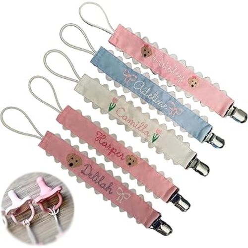 Personalized Pacifier Clip with Name Embroidered Baby Pacifier Holder Binky Clips Custom Paci Clip for Baby Girl Boy Neutral Newborn Pacifier Clips for All Pacifiers Baby Gift