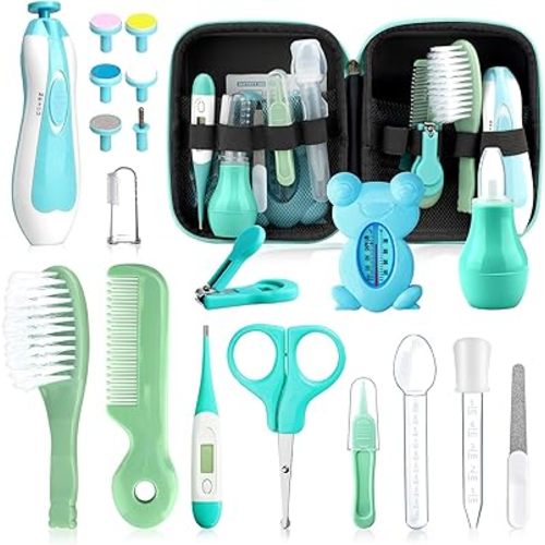 Baby Healthcare and Grooming Kit, 20 in 1 Portable Baby Safety Care Set with Hair Brush Comb Nasal Aspirator Electric Nail Trimmer Set Baby Essentials kit for Newborn Boys Girls (Green 20 in 1)