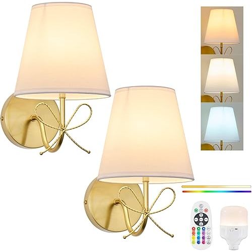 PASSICA DECOR Bow Wireless Battery Operated Wall Sconce Set of 2, Rechargeable Dimmable LED Lights with 15 Colors, Timer, Remote Control,Bow Lamp for Girls or Kids Rooms,Bedroom Living Room