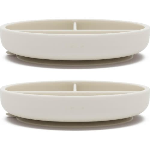 Lalo Suction Plates - 2 Pack, 100% Silicone Non-Toxic BPA-Free Baby Plates with Suction Base To Prevent Accidental Tip-Overs - Suction Plates for Toddlers With Three Divided Sections - Oatmeal