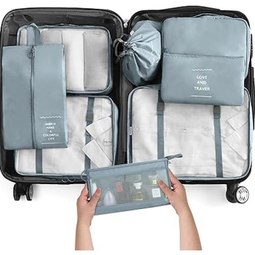 KPX 8 Set Packing Cubes for Travel, Luggage Packing Organizers Accessories Large Toiletries Bag for Clothes Shoes Cosmetics (Grey)