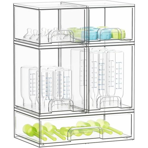 SpaceAid Bottle Storage Organizer Baby - Acrylic Bottles Station Organizer Container, Stackable Clear Drawers for Countertop, Vanity, Bathroom, Cabinet, Pantry Organization, 5 Pack, 2S2M1L, 15.4"H