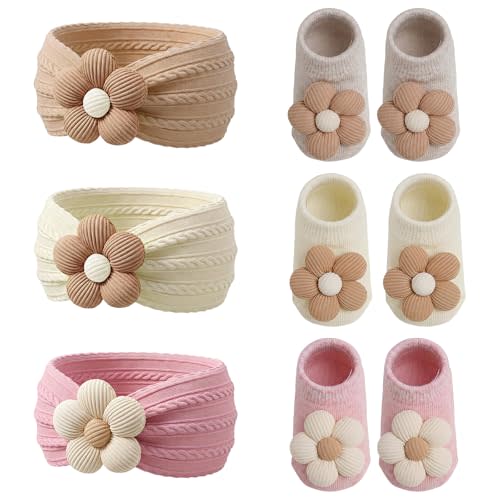 Baby Flower Headband and Socks Cute Non-Slip Grips Socks Soft Hairbands Hair Accessories Sets for Toddler Newborn Infant Girl