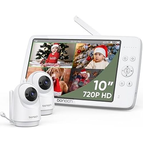 bonoch MegaView Baby Monitor, 10" Video Monitor with 2 Cameras, 10000mAh Battery, Quad Split Screen Baby Monitor with Camera and Audio, VOX Mode, Auto Night Vision, Remote PTZ, Hack Proof