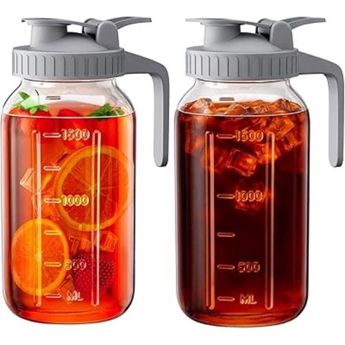 OneDream 2 Pack Glass Pitcher with Lid, 64 oz Sun Tea Glass Jar for Outside, Large Mason Jar Wide Mouth, Iced Tea Pitcher for Cold Beverages, Breast Milk