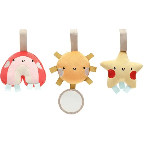 Pearhead Rainbow Sun & Stars Stroller Toys - Plush Corduroy Baby Travel Car Seat Toy Set - Gender-Neutral Baby Travel Accessories - Set of 3