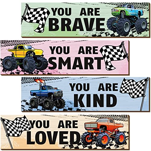 Geetery 4 Pcs Truck Bedroom for Son Wall Decor Construction Trucks Room Decor Inspirational Racing Car Wooden Hanging Sign Motivational Quote Car Decoration for Bedroom Living Room Women Men