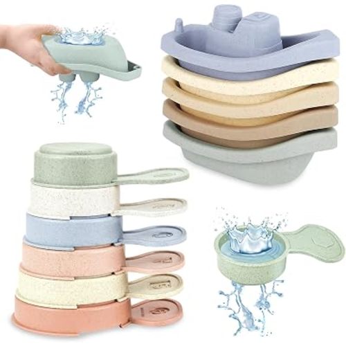 YOLOMOON Bath Toys for Toddler 1-3, Baby Toy for 1 2 3 Year Old Boys Girls Birthday Gift, Kid Bathtub Toy Floating Boat with Bathing Spoon, Stacking Pool Toys, Water Table Toys Mold Free