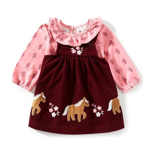 Rare Editions Baby Girls Sleeveless Horse-Motif Corduroy Jumper Dress & Long-Sleeve Ruffle-Collar Printed Bodysuit