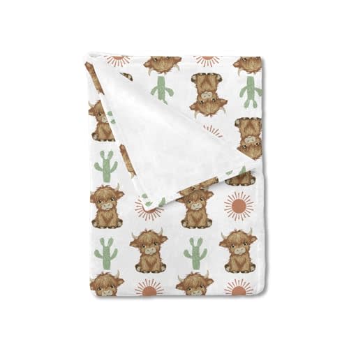 HawSkgFub Boho Highland Cow Cactus Sun Baby Blankets Boy Girl Shower Gift, Western Flannel Fleece Nursery Bed Receiving Swaddle, Soft Warm Lightweight Newborn Infant Toddler Kids Crib Bedding 30 x 40