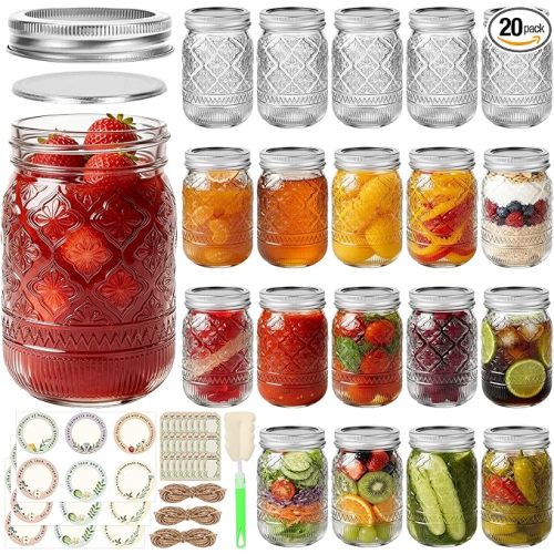 12 oz Embossed Mason Jars 20 Pack, Regular Mouth Glass Canning Jars with Airtight Split Lids, for Jams, Honey, Pickling, Fermenting, Meal Prep, Spices, Food Storage, Wedding Favors & DIY Projects