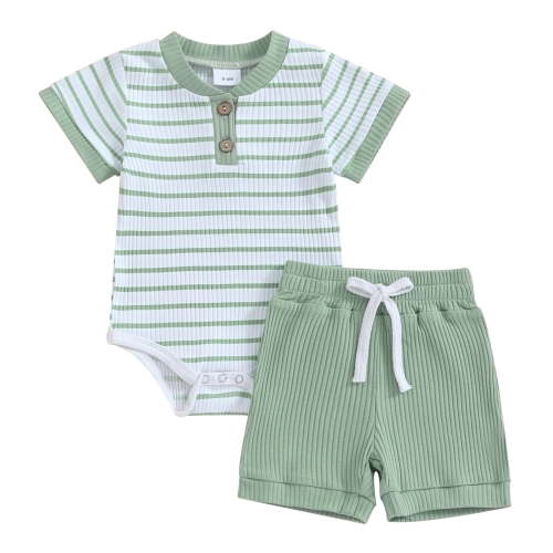 Hirigin Newborn Baby Boy Girl Clothes Set Ribbed Short Sleeve Striped Romper Top and Shorts 3 6 9 12 18 Months Casual Summer Outfits