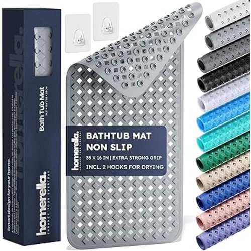 Bathtub Mat Non Slip 35x16 - homerella® Bath Mat Incl. Hooks for Drying, Extra Long, 100% BPA Free, Shower Mat Non Slip Anti Mold, Machine Washable, Shower Mats for Inside Shower Mildew Resistant