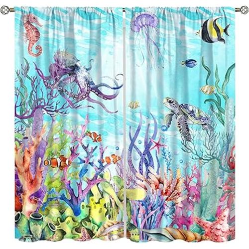 Ocean Animal Curtains for Kids,Cartoon Blue Nautical Lighthouse Sailboat Whale Ocean Anchor Window Drapes for Boys Girls Nursery Bedroom Living Room 42x45in（No Blackout）