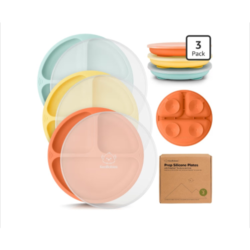 KeaBabies Suction Plates with Lids for Baby, 3-Pack, 100% Silicone (Amaze)