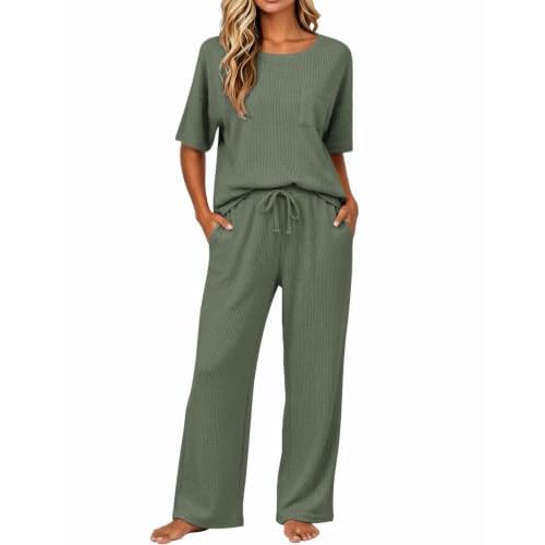JiniGolla Womens Pajama Sets Waffle Knit Short Sleeve Shirt with Long Pajama Pants Soft Sleepwear Pj Lounge Sets