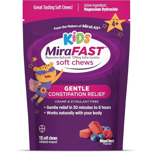 MiraFAST Kids Soft Chews, from The Makers of MiraLAX, Gentle Constipation Relief for Kids 4+ and Adults, Fast Acting Saline Laxative, Stimulant Free Saline Laxative, Mixed Berry Flavor, 15ct