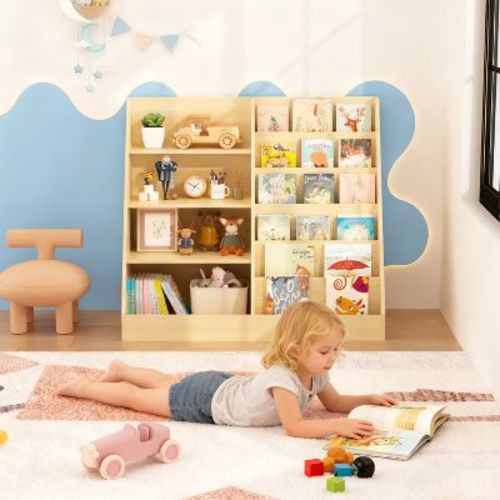 Kids Bookshelf and Toy Storage Organizer 4 Tier Wooden Book Shelf with Storage Bookcase for Kids Room Playroom Nursery