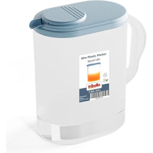 Tribello Pitcher with Lid 1 Gallon, Slim Clear Plastic Water Pitcher with Pivot-top Spout Lids, Iced Tea Pitcher for Fridge, Freezer/Dishwasher Safe, and BPA/Phthalate Free