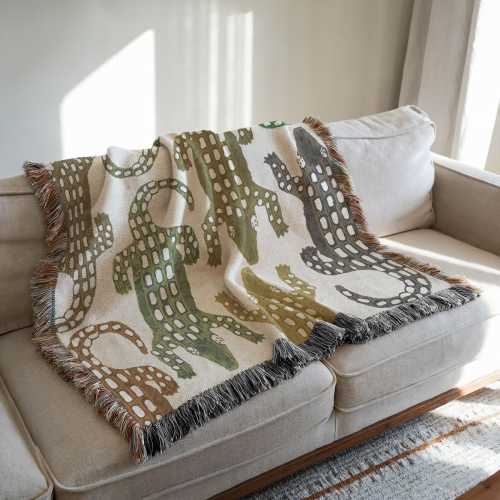 Alligator Woven Cotton Throw Blanket: Safari Nursery Decor, Jungle Animal Fringe Blanket