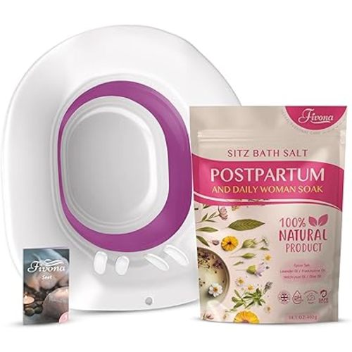 Fivona 2-in-1 Sitz Bath Soak Kit Over The Toilet Seat with Epsom Salt Blend with Essential Oils for Postpartum Care and Soothe Hemorrhoids - Ideal for Perineal Soaking and Fast Irritation Relief