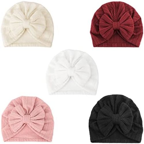 DRESHOW BQUBO 5 Pieces Newborn Baby Turban Hats Bow Baby Infant Beanie Breathable Toddler Cap for Baby Girls