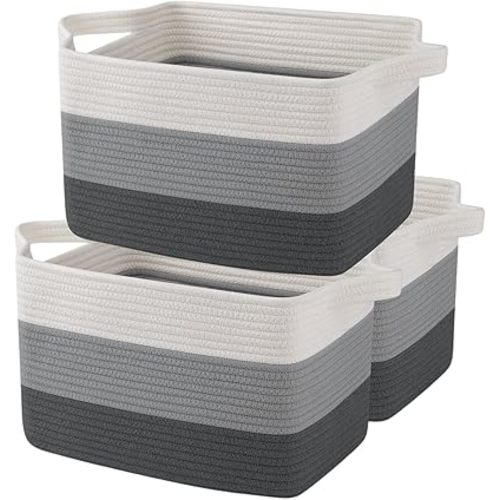 OIAHOMY Storage Basket, Woven Baskets for Storage, Cotton Rope Basket for toys,Towel Baskets for Bathroom - Pack of 3, Gradient Dark Gray