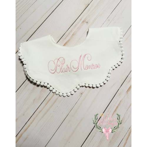 Custom monogrammed personalized embroidered scalloped drool bib, collar Birthday, baptism, Easter