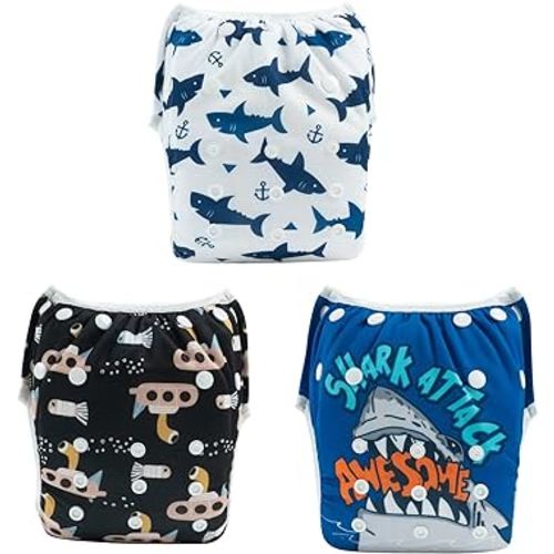 ALVABABY Large Swim Diapers Baby & Toddler Snap One Size Reusable Adjustable Baby Boy (Summer Vacation Large 3ZSWY16