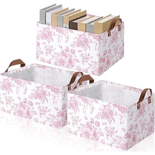 Boao 3 Pcs Pink Floral Foldable Storage Baskets Chinoiserie Flower Laundry Basket Bin Large Collapsible Grandmillennial French Country Aesthetic Flower Organizer with Handles for Clothes Toy Book