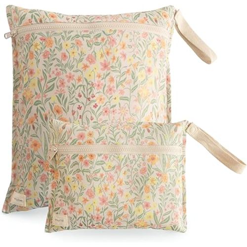 mushie Water Resistant Wet Bags | Large & Small Reusable Storage Bag for Baby Items and Travel | Zippered Pockets with Handle | Machine Washable, Set of 2 (Pastel Blooms)