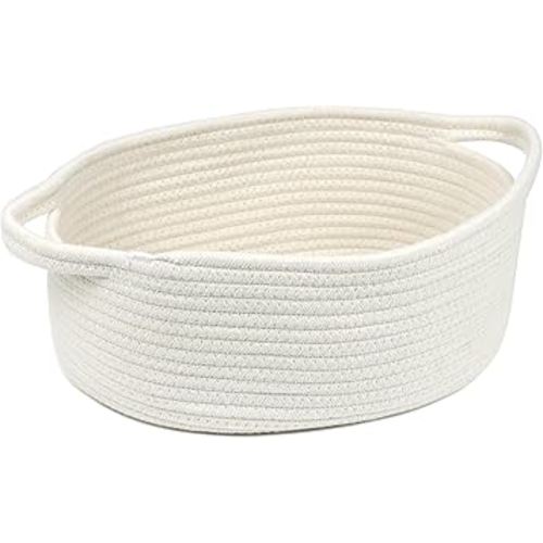 Small Basket with Handles, Woven Baskets for Gifts Empty, Cotton Rope Storage Baskets for Organizing, Bathroom Closet Shelf Organizer Bins, Decorative Toy Basket Bin for Nursery (12" x 8" x 5")