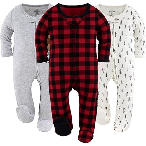 The Peanutshell Footed Baby Sleepers for Boys or Girls, Buffalo Plaid & Woodland, 3 Pack Set