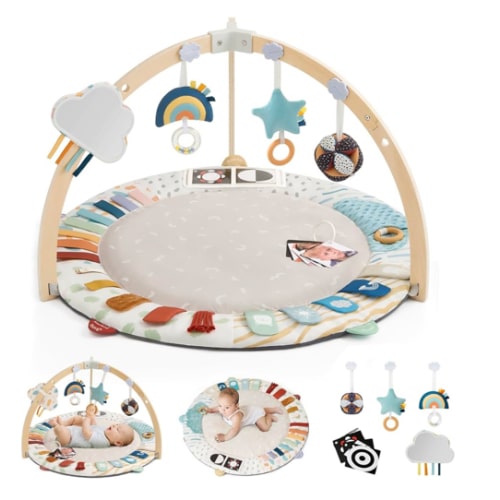 Blissful Diary Baby Play Gym & Activity Mat, 5 Developmental Zones Wooden Tummy Time Mat with 5 Detachable Sensory Toys for Motor Skills & Sensory Development, Baby Essentials Shower Gift
