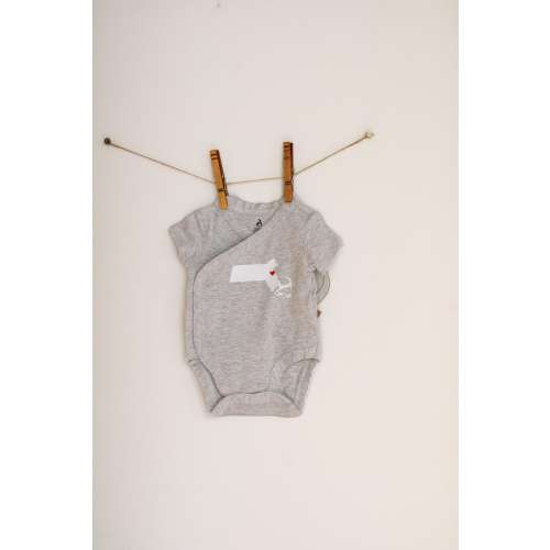 Boston - State Map with Heart on City - Baby Kimono Style Side-Snap Wrap-Around One-Piece Bodysuit