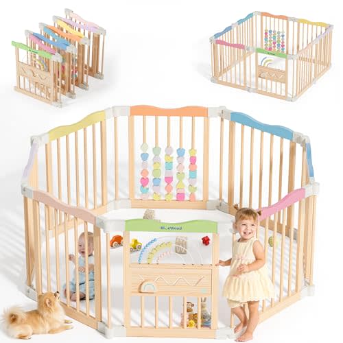 Foldable Wooden Baby Playpen - Adjustable Wood Play Yard, Indoor Large Safety Fence for Babies and Toddlers - Built-in Toys Design, 45 x 45 x 24 inches, Pastel Dream